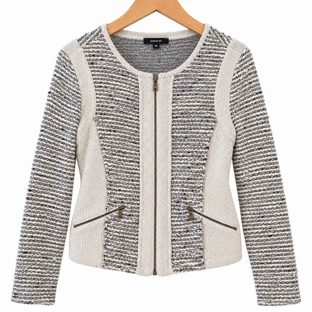 DREW Gray Ivory Textured Knit Zip Jacket Cardigan Size M